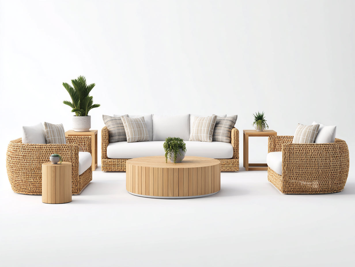 Sofás de exterior conjunto de ratán sintético beige 200x80x75 cm sofá 3 plazas con sillones mesa redonda diseño terraza moderno