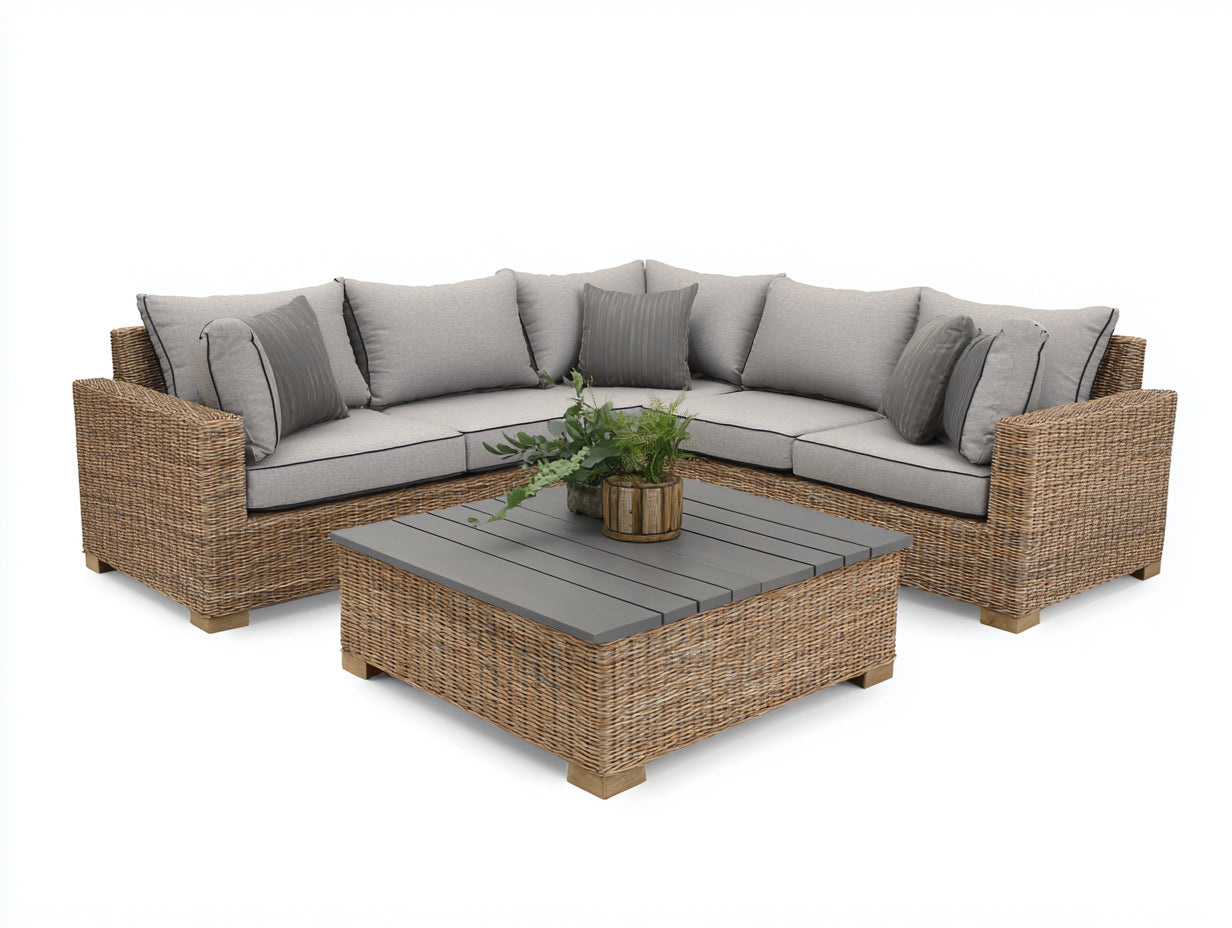 Sofás de exterior conjunto sofá esquinero ratán con mesa 260x260x70 cm - Natural-Gris - Estilo moderno de terraza