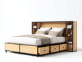 Camas dobles - cama con almacenamiento madera natural negro 200x160x110 cm - cabecero con estanterias integradas estilo moderno funcional