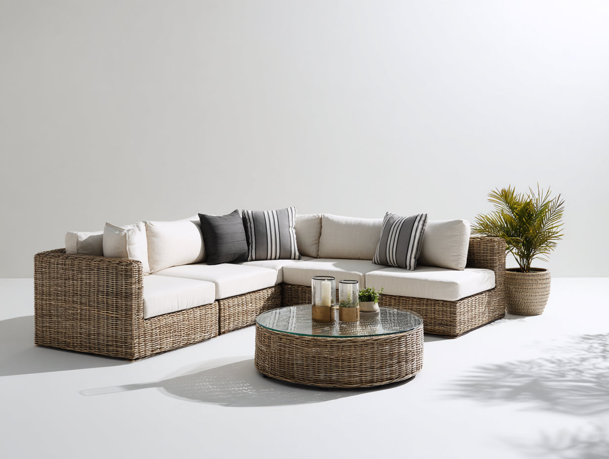 Sofás de exterior sofá esquinero de ratán con mesa de centro vidrio diseño moderno 240x240x70 cm funcional