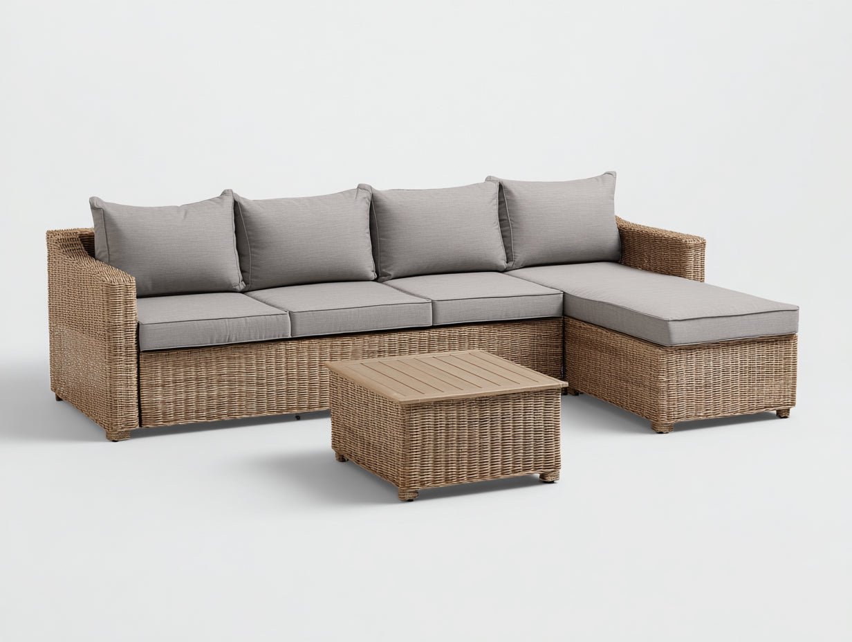 Sofás de exterior - conjunto de jardín de ratán sintético sofá esquinero 240x180x75 cm con mesa de centro estilo moderno natural