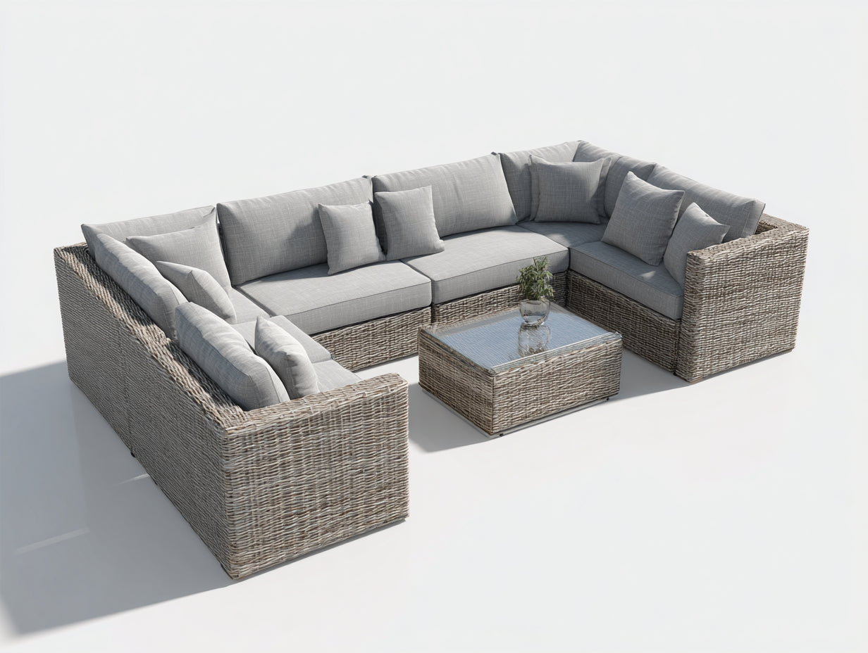 Sofás de exterior sofá esquinero de ratán con mesa de centro vidrio madera estilo moderno 260x200x70 cm mesa 80x80x35 cm funcional