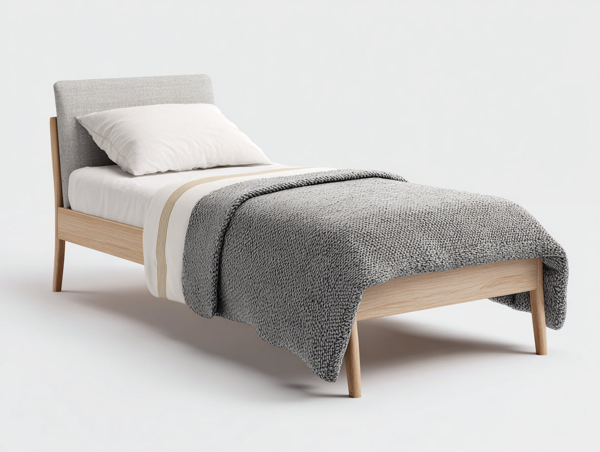 Camas individuales cama de madera tapizada 200x90x110 cm - Madera natural-Gris - Estilo escandinavo moderno
