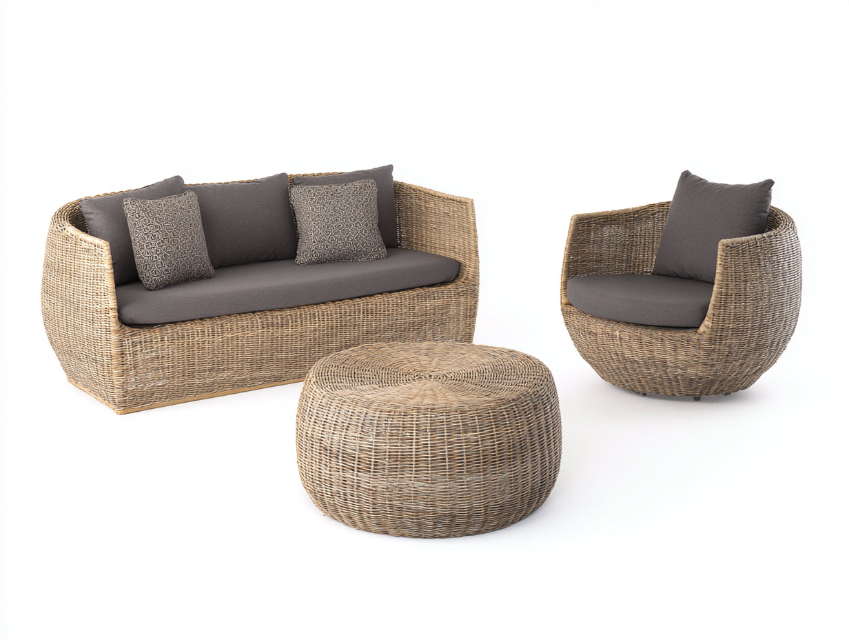 Sofás de exterior conjunto de ratán natural beige 160x80x70 cm sofá de 2 plazas con sillón y puf estilo terraza moderno