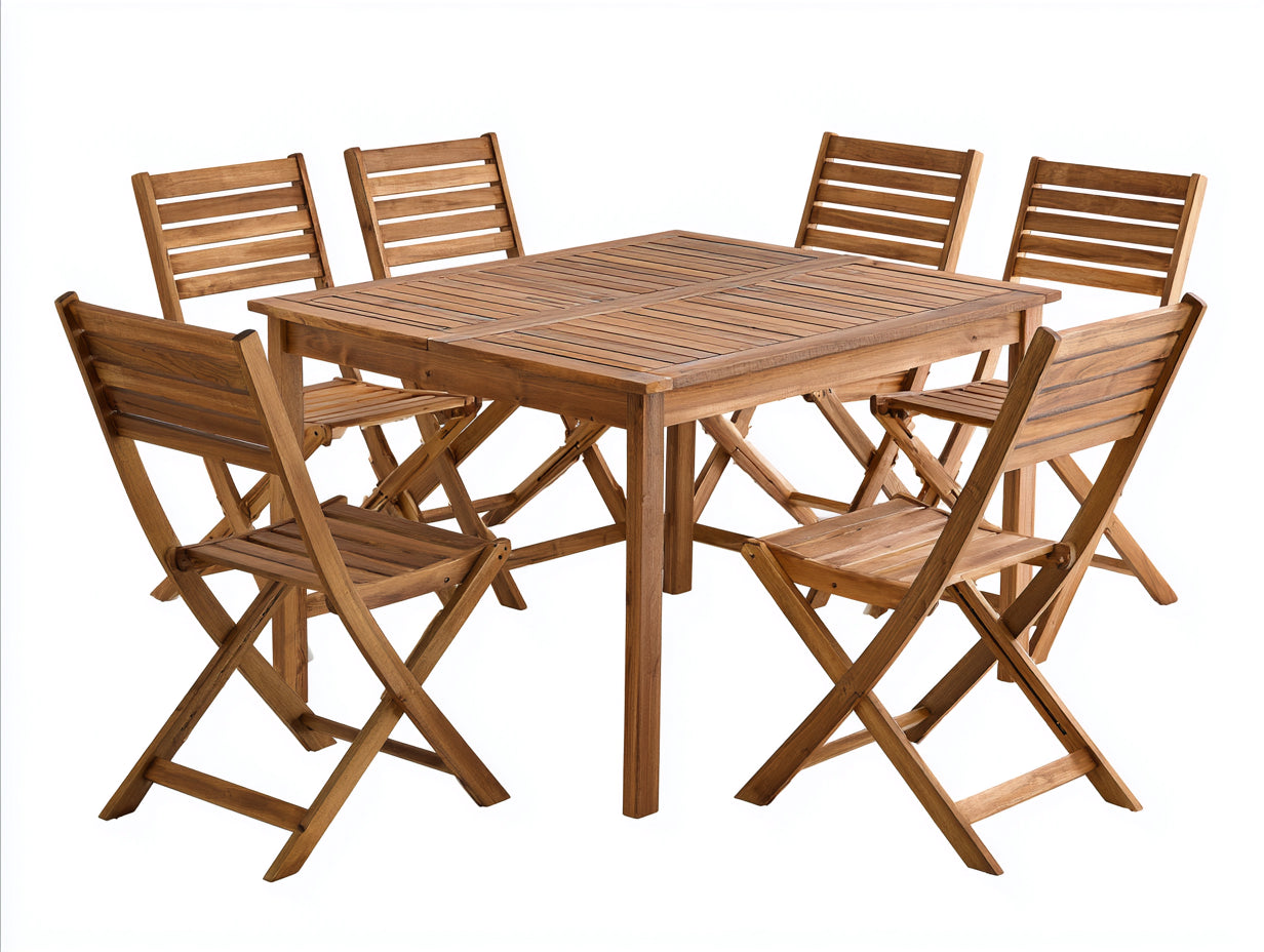 Conjuntos de comedor de jardín - conjunto de mesa cuadrada madera natural 120x120x75 cm con 6 sillas plegables estilo rústico moderno