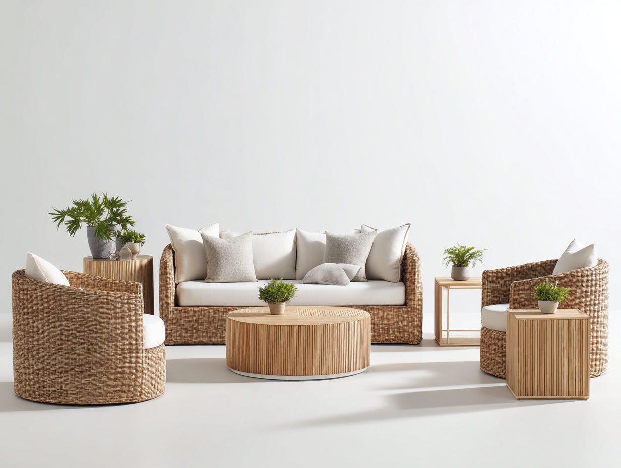 Sofás de exterior - conjunto de jardín de ratán sintético con sofá 3 plazas 200x80x75 cm 2 sillones 80x80x75 cm mesa de centro redonda estilo moderno natural