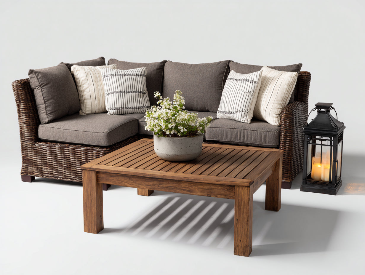 Sofás de exterior conjunto sofá esquinero ratán con mesa 250x200x70 cm - Marrón-Gris - Estilo rústico elegante