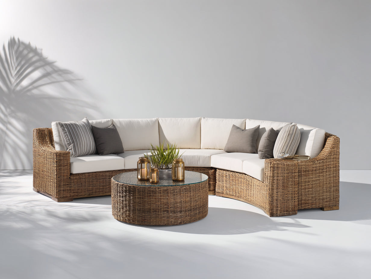Sofás de exterior sofa seccional curvo de ratán con mesa de centro de cristal 300x180x75 cm color natural beige estilo moderno jardin terraza