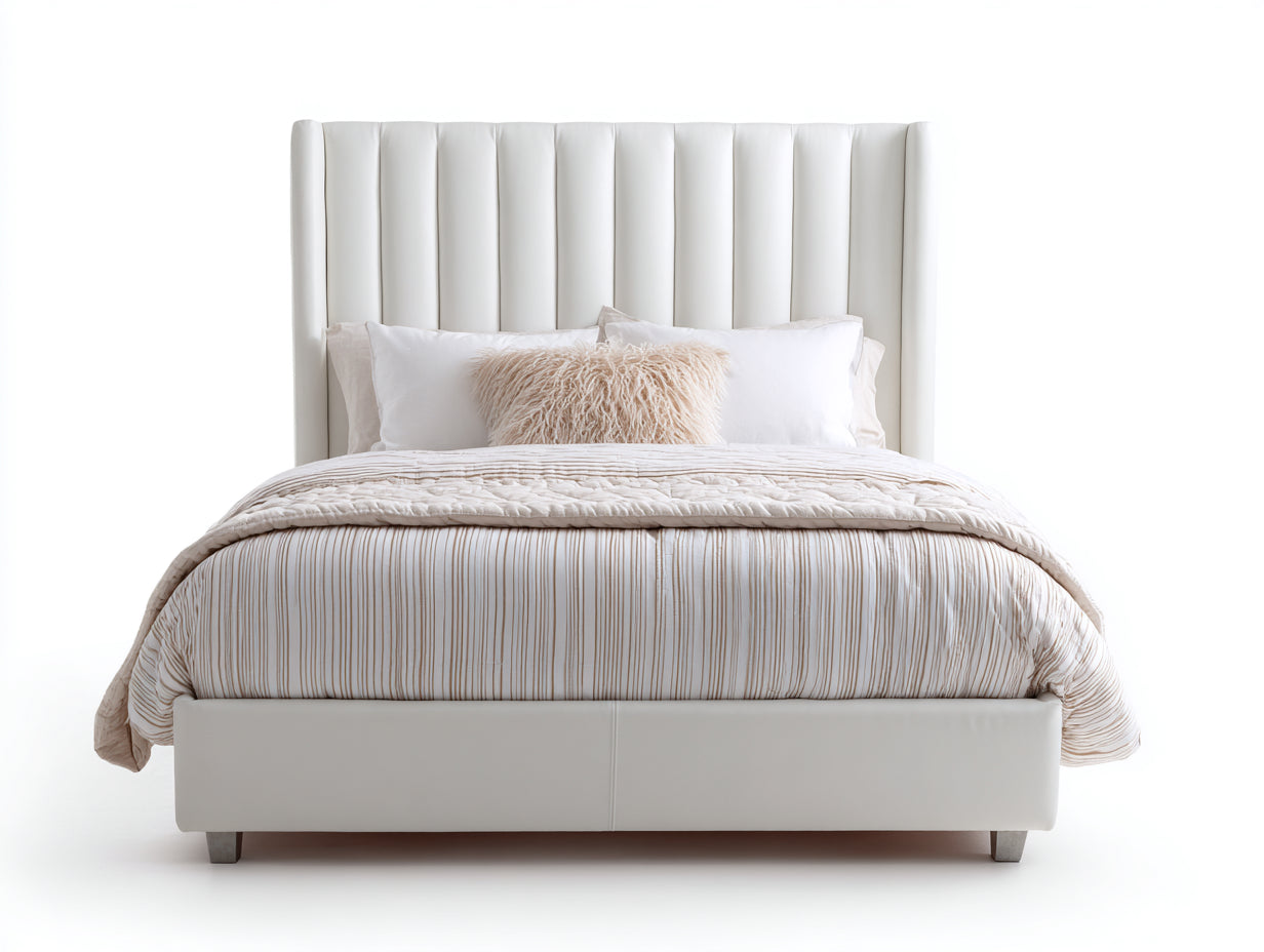 Camas dobles tapizada terciopelo 200x160x95 cm - Blanco-Beige - Diseño moderno cabecero alto acolchado