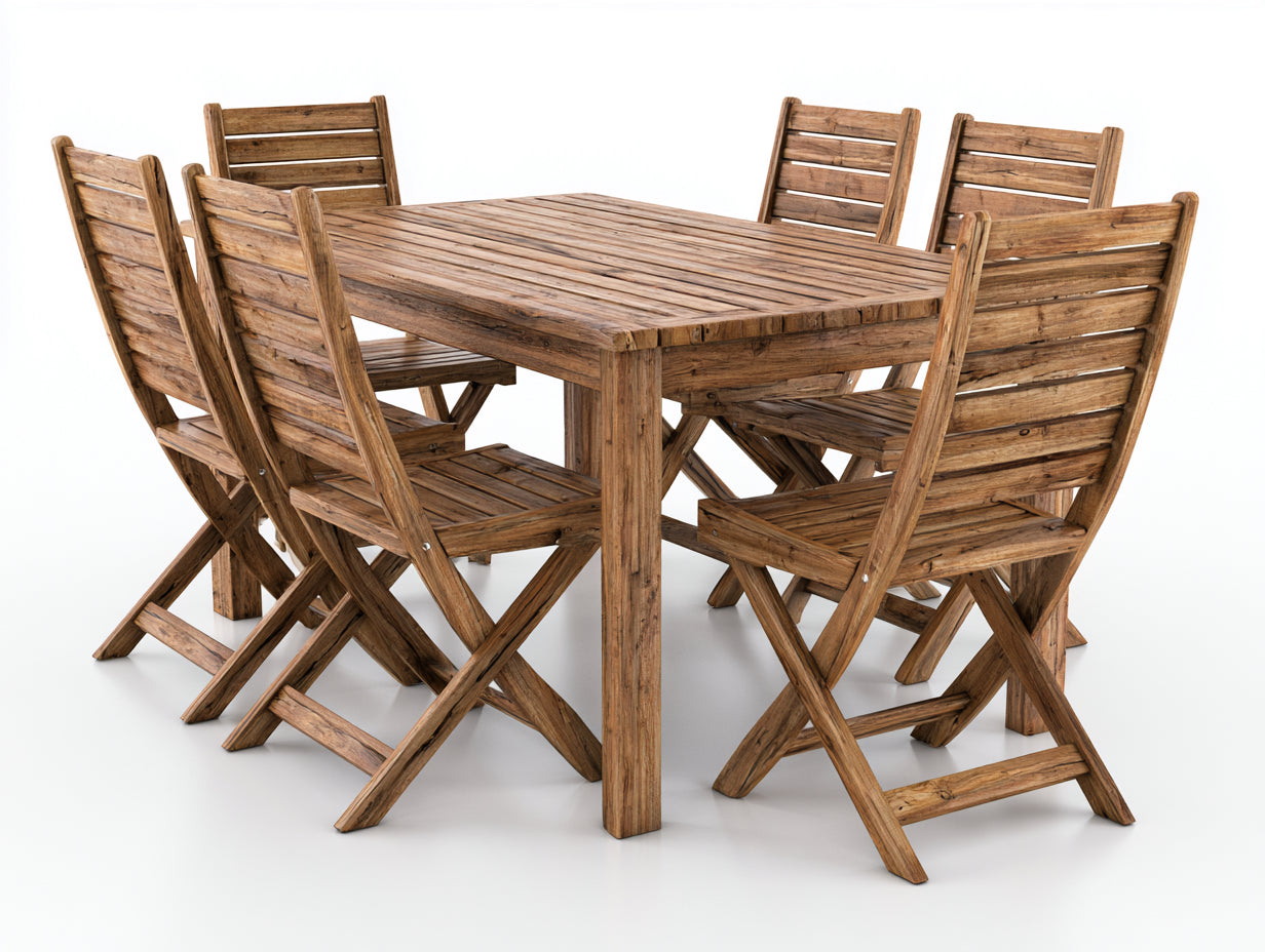 Conjuntos de comedor de jardín mesa de comedor con 6 sillas madera natural estilo rústico 180x90x75 cm silla 50x45x90 cm funcional