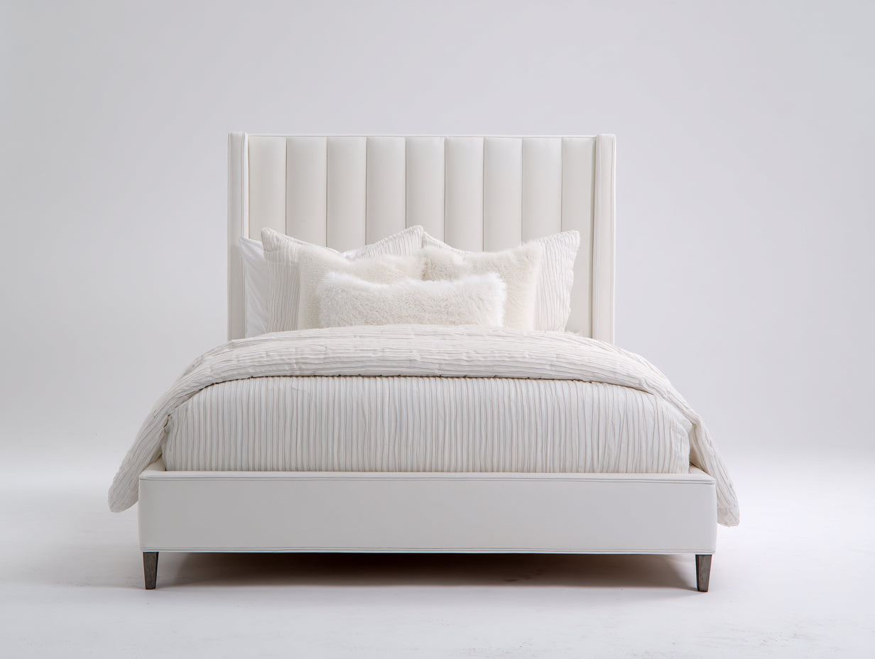 Camas dobles - cama tapizada en tela blanca 200x160x110 cm - cabecero acolchado de panel vertical - estilo moderno minimalista