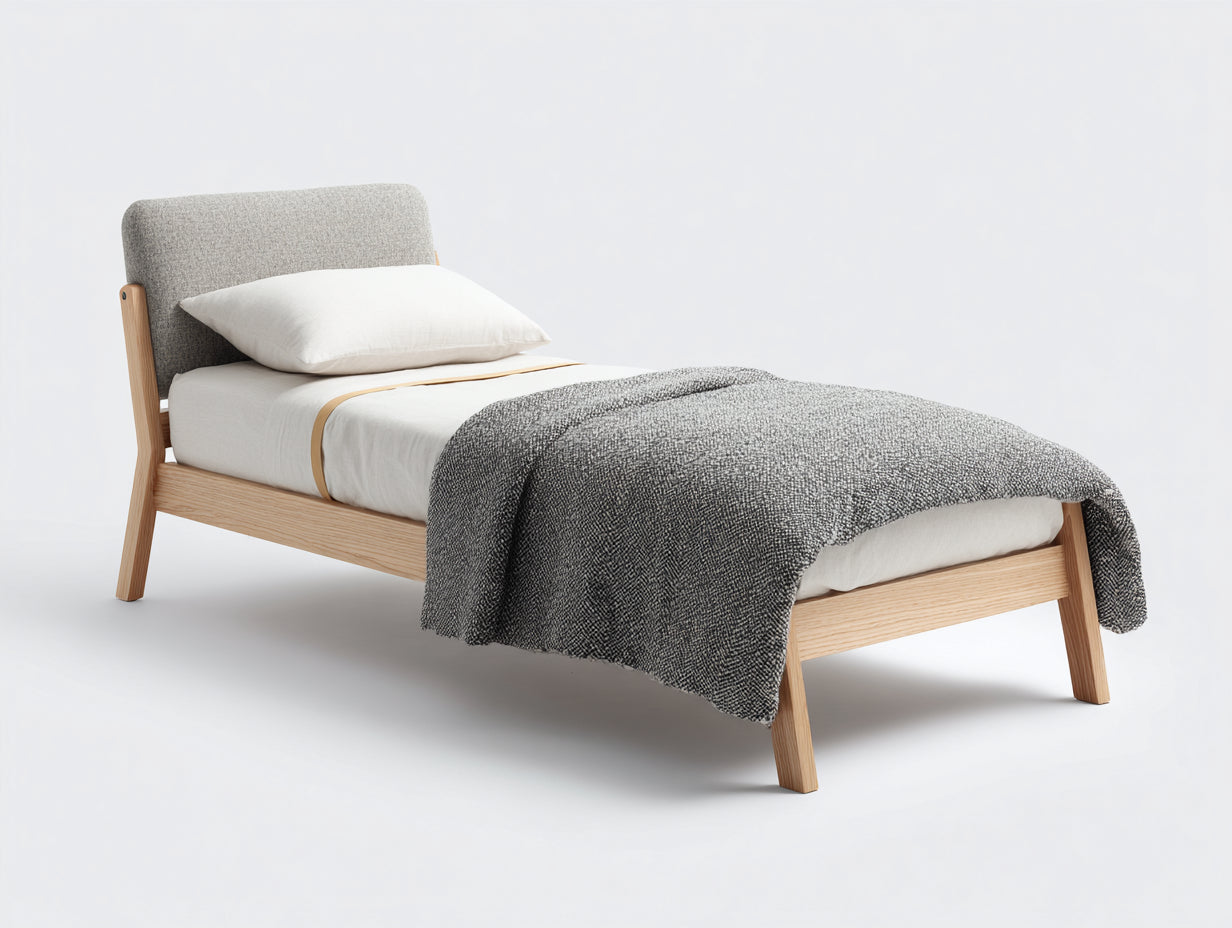 Camas individuales - cama de madera natural y tapizado gris 200x90x95 cm - cabecero acolchado estilo moderno minimalista