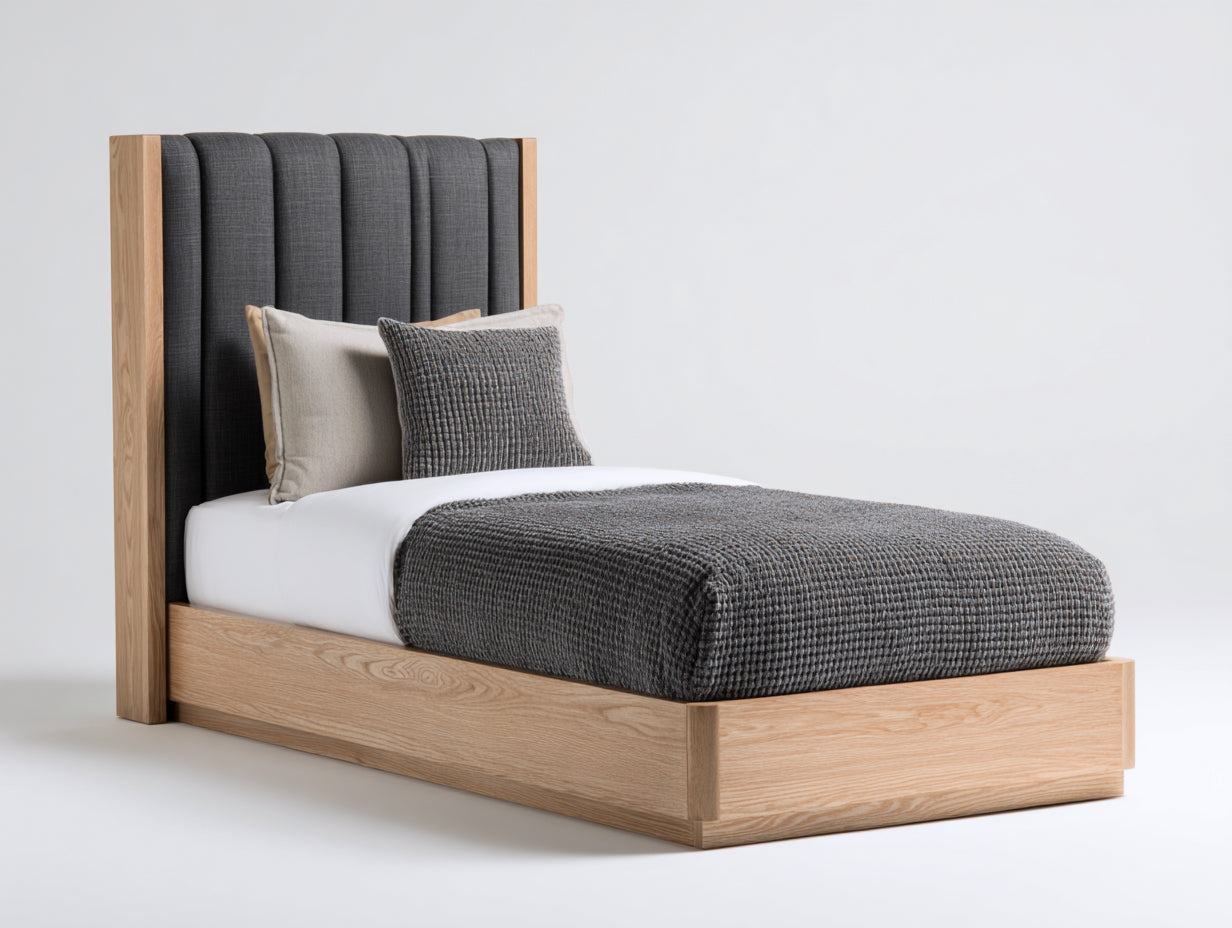 Cama individual madera natural gris oscuro 200x90x110 cm estilo moderno tapizado cabecero para dormitorio