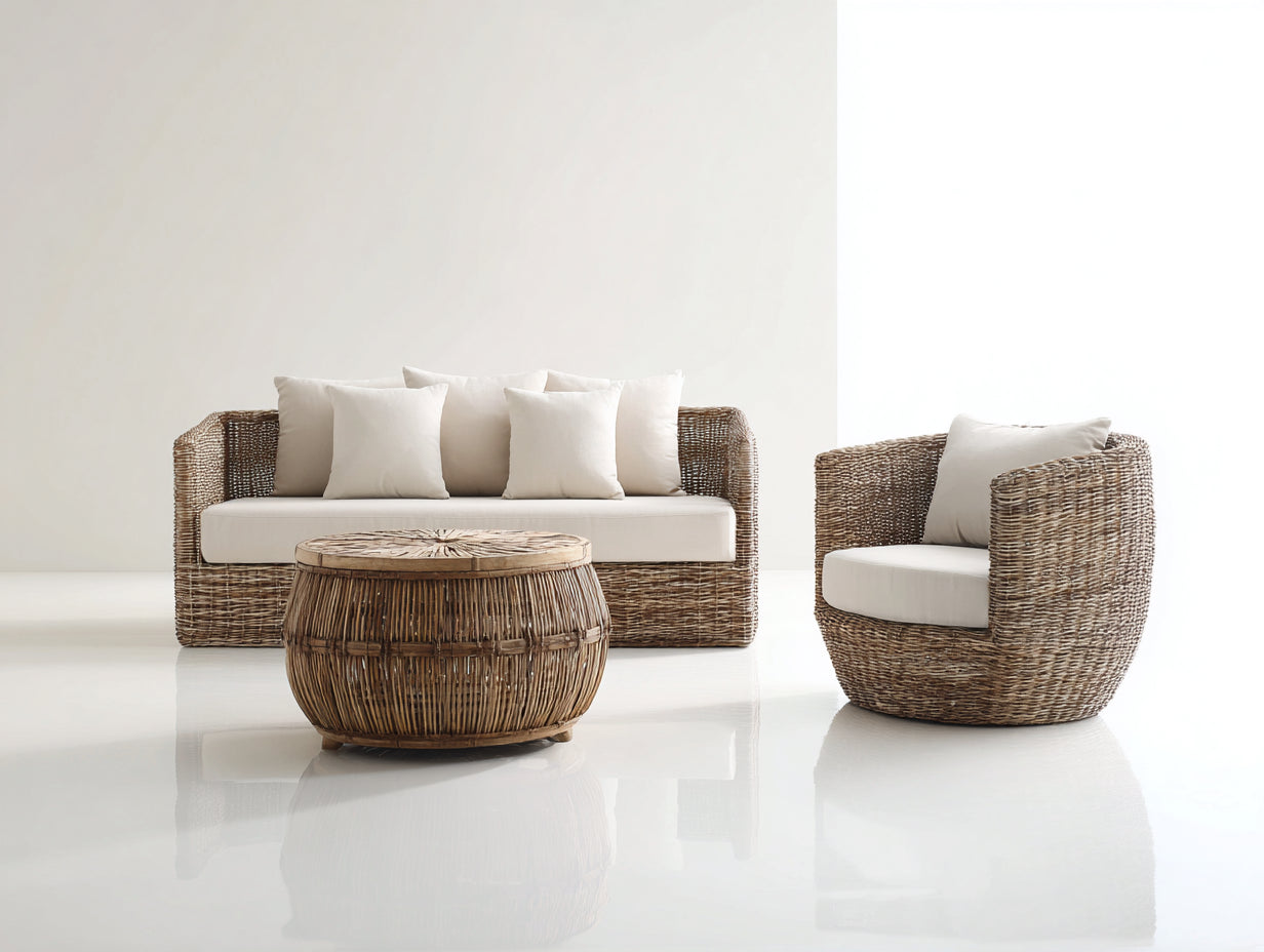 Sofás de exterior conjunto de sofa de ratán con sillón y mesa 180x80x75 cm color natural beige estilo bohemio jardin terraza