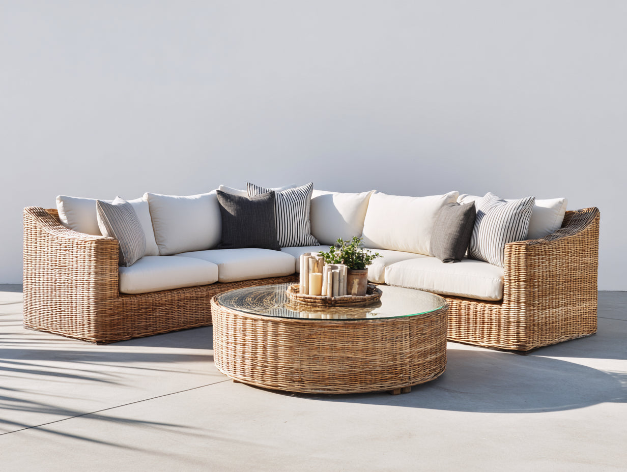 Sofás de exterior - conjunto de jardín de ratán sintético sofá cuadrado modular 260x260x75 cm con mesa de centro redonda de vidrio estilo moderno natural