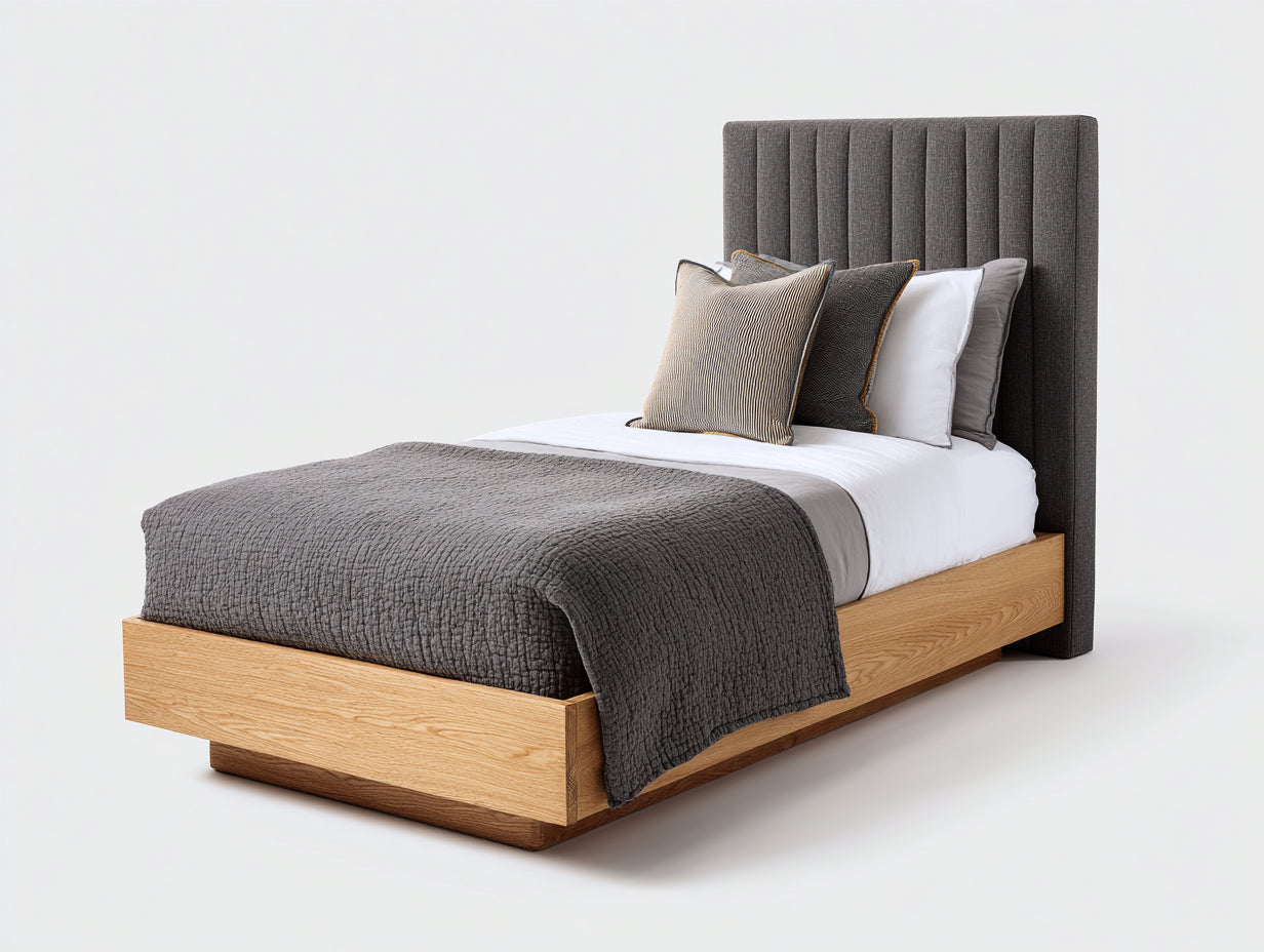 Cama individual de madera y tapizada con cabecero alto 200x90x120 cm - roble natural gris - estilo moderno dormitorio
