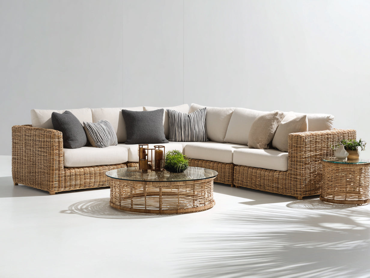 Sofás de exterior conjunto modular de ratán sintético beige 260x260x70 cm con mesa de centro de cristal estilo moderno terraza jardín