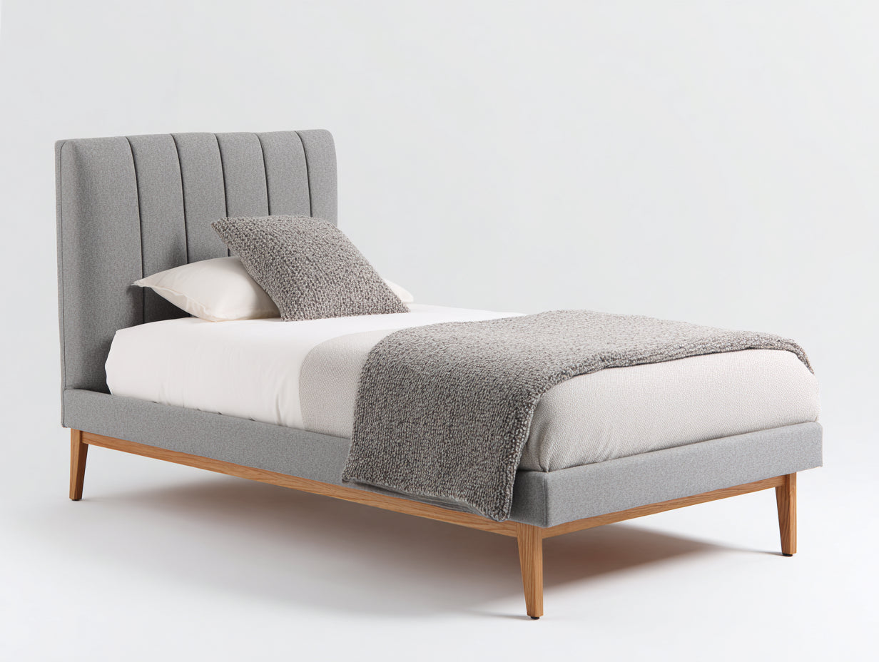 Camas individuales cama tapizada madera 200x90x110 cm - Gris-Madera natural - Estilo escandinavo moderno