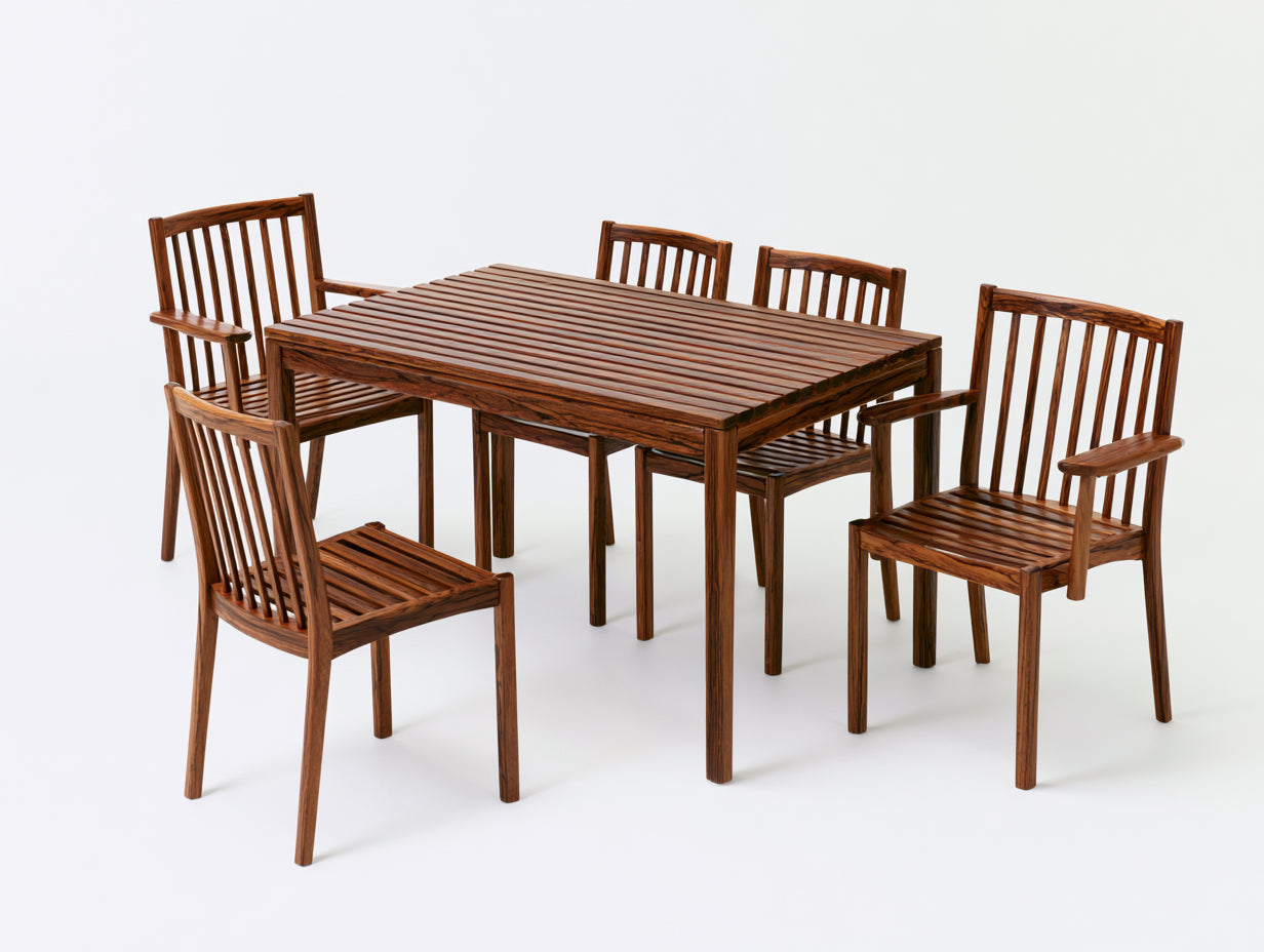 Conjuntos de comedor de jardín madera natural estilo rústico 140x80x75 cm mesa rectangular con 5 sillas diseño exterior terraza