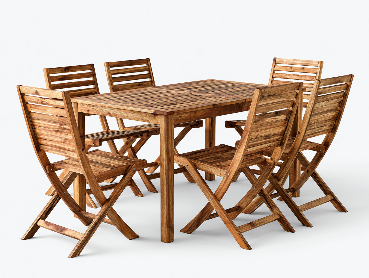 Conjuntos de comedor de jardín - conjunto de mesa cuadrada madera natural 120x120x75 cm con 6 sillas plegables estilo rústico moderno