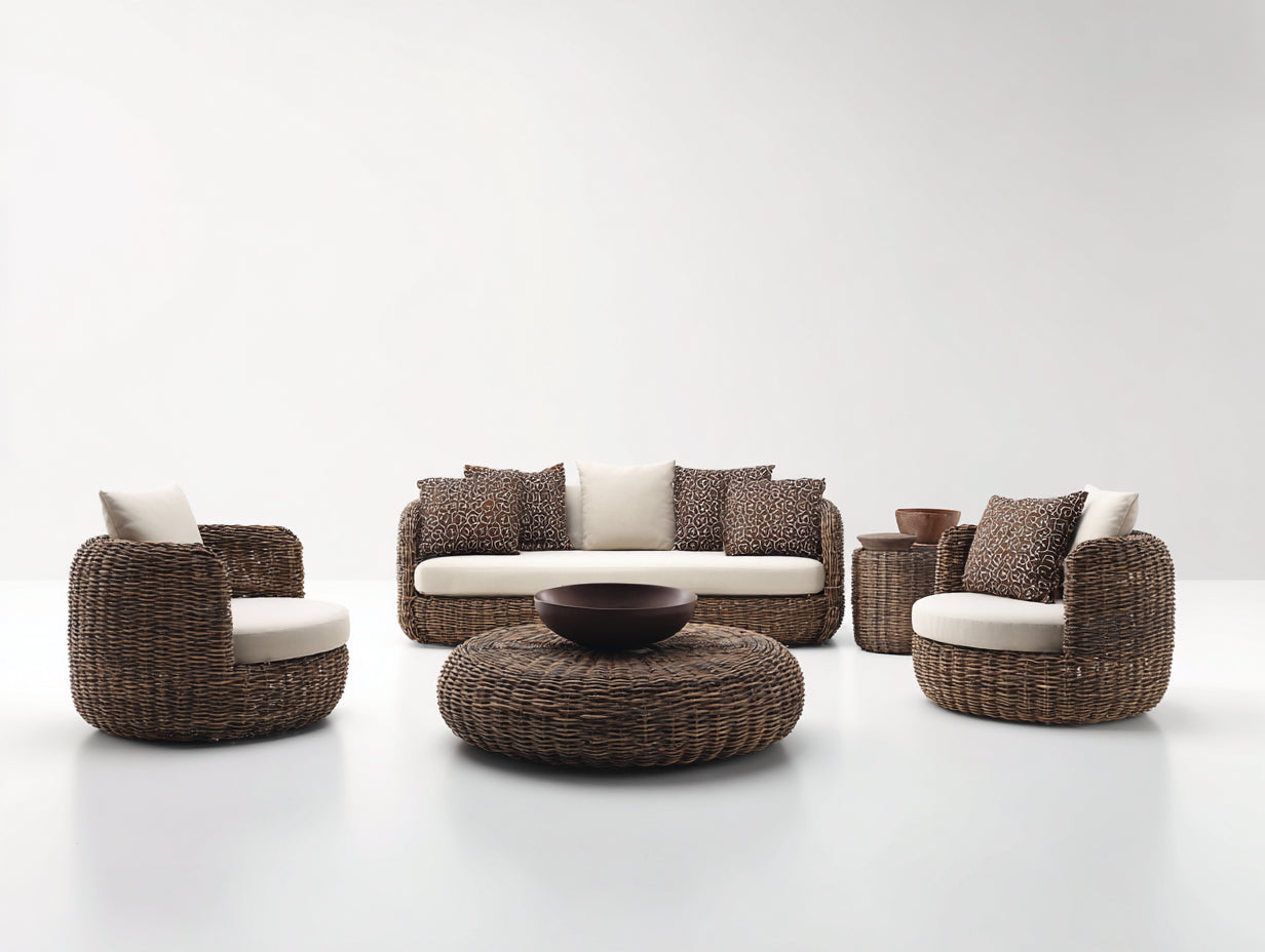 Sofás de exterior - conjunto de jardín de ratán natural sofá 3 plazas con 2 sillones mesa de centro redonda y mesas auxiliares 260x180x75 cm estilo moderno natural
