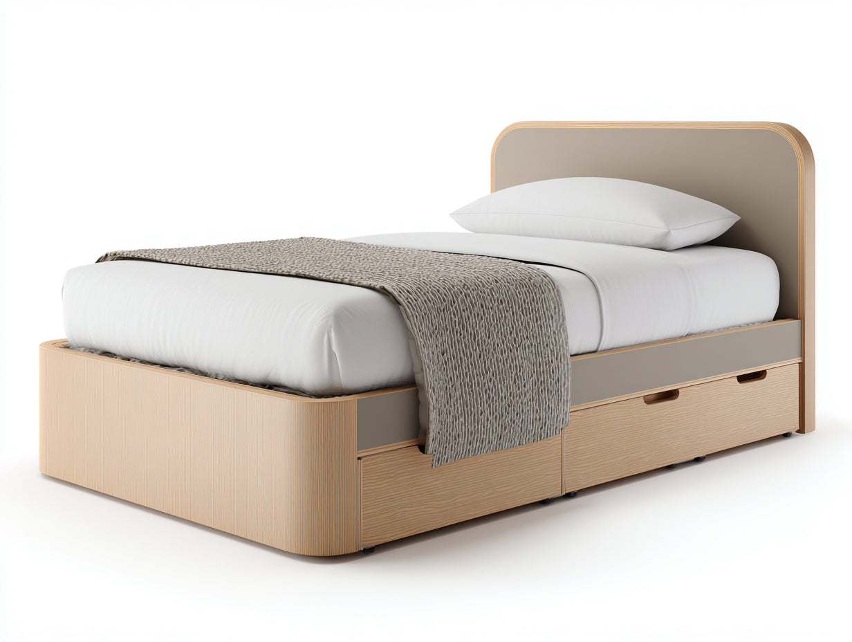 Camas individuales cama individual con almacenaje madera natural tapizado beige 200x90x110 cm estilo moderno funcional