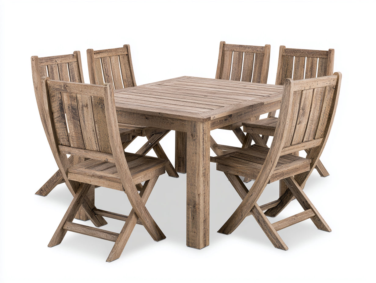 Conjuntos de comedor de jardín madera rústica natural 150x90x75 cm mesa rectangular con 6 sillas estilo exterior terraza patio