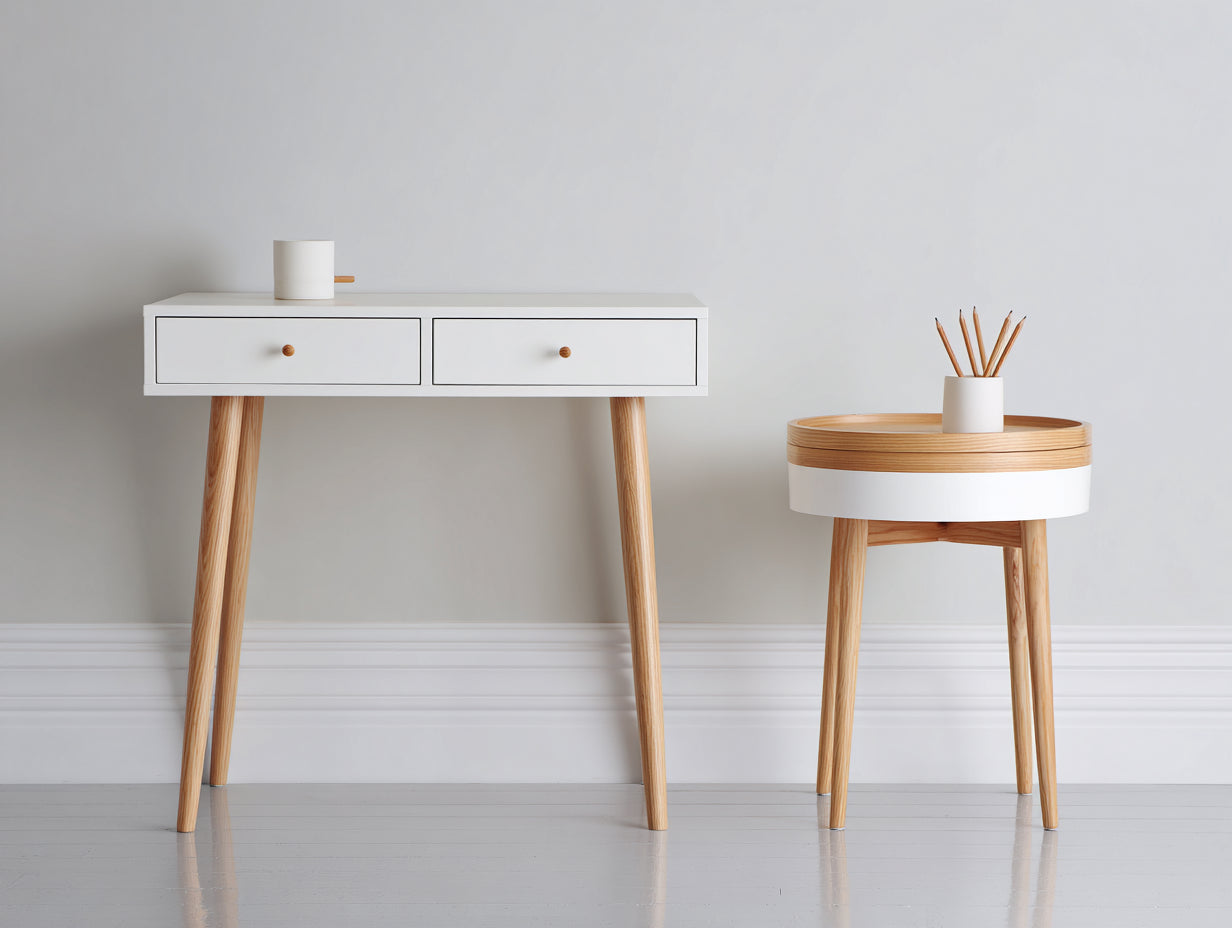 Mesas de oficina escritorio con mesa auxiliar y cajones madera blanco natural 120x50x75 cm estilo escandinavo funcional