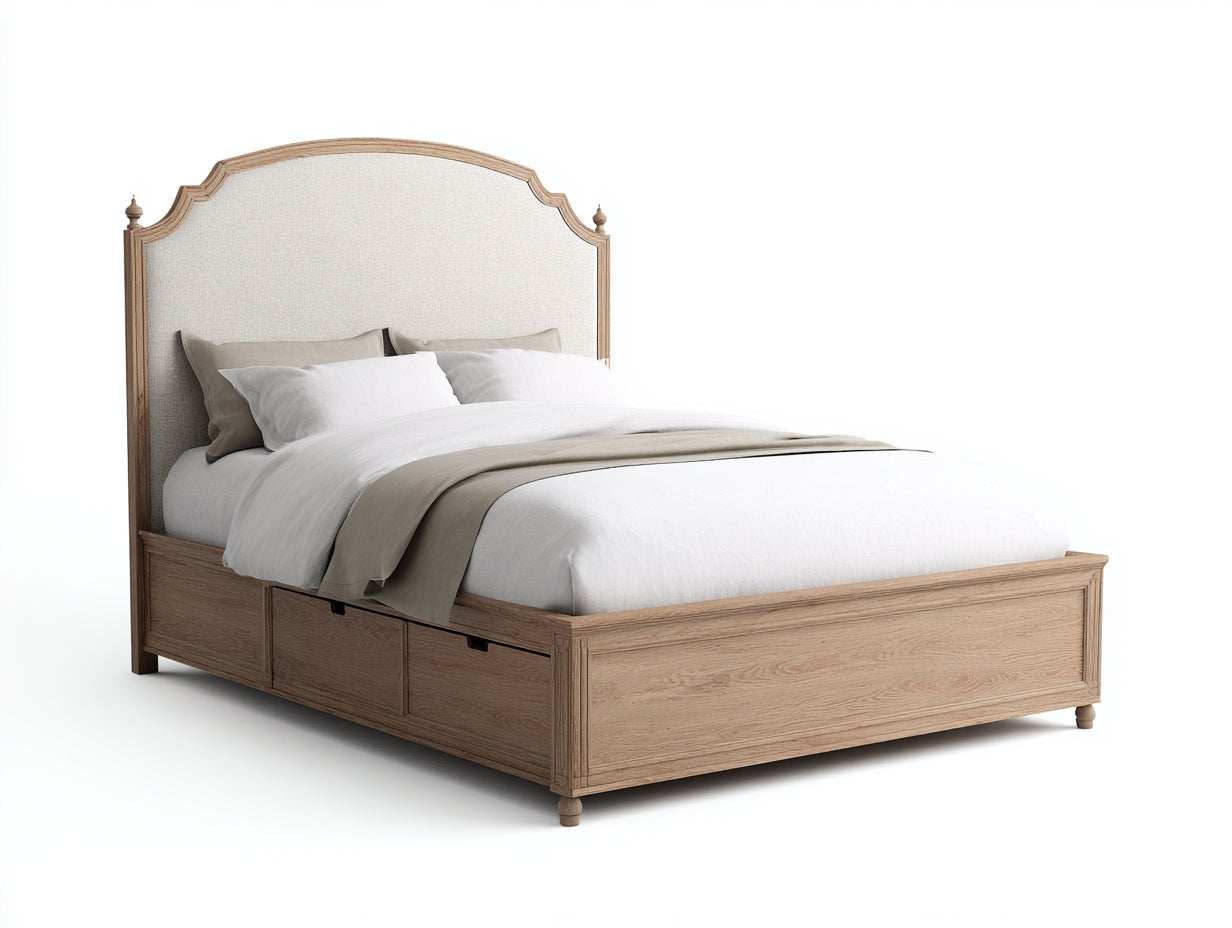 Camas dobles cama de matrimonio con almacenaje madera natural tapizado beige 200x160x120 cm estilo clásico elegante funcional