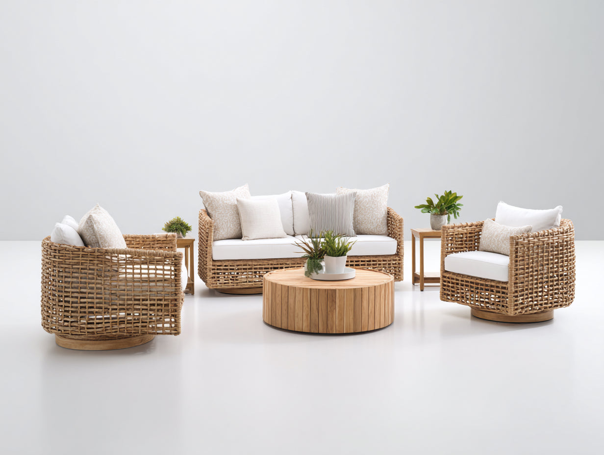 Sofás de exterior conjunto sofá ratán con mesa y sillones 200x80x70 cm - Natural - Estilo bohemio moderno