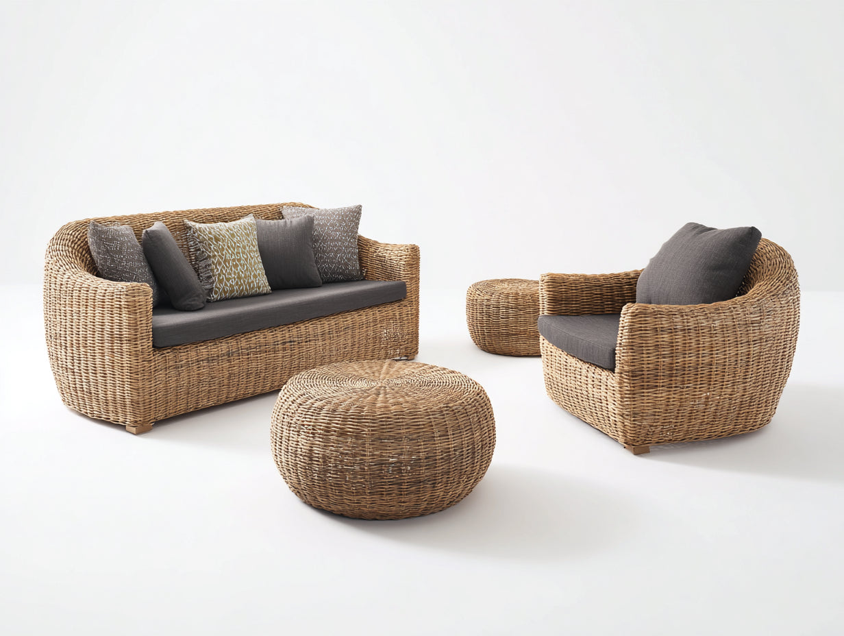 Sofás de exterior conjunto de sofa de ratán con mesa y taburetes 200x160x75 cm color natural beige estilo bohemio jardin terraza
